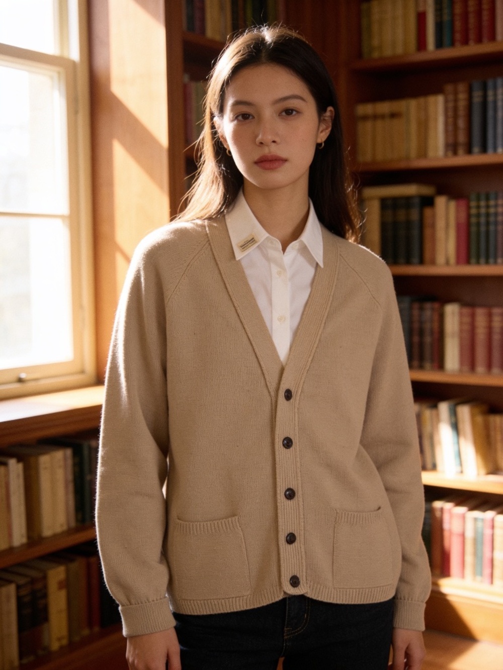 Vintage St. Michael Wool/Nylon Cardigan Size 40” Beige V-Neck Button Pocket